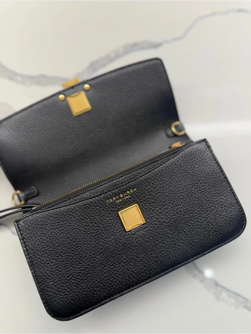 Tory Burch Black Leather Crossbody with Gold Chain and Logo